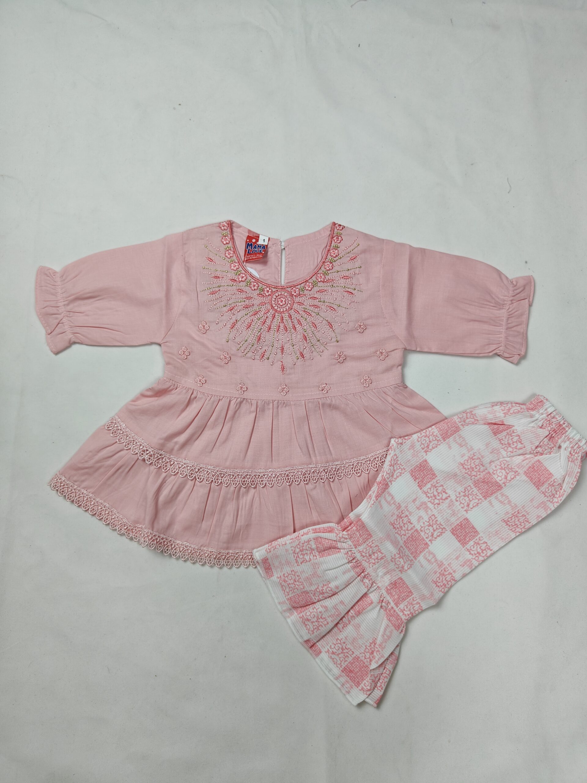 Brown Embroidered Frock and Patterned Trouser Set - Image 5