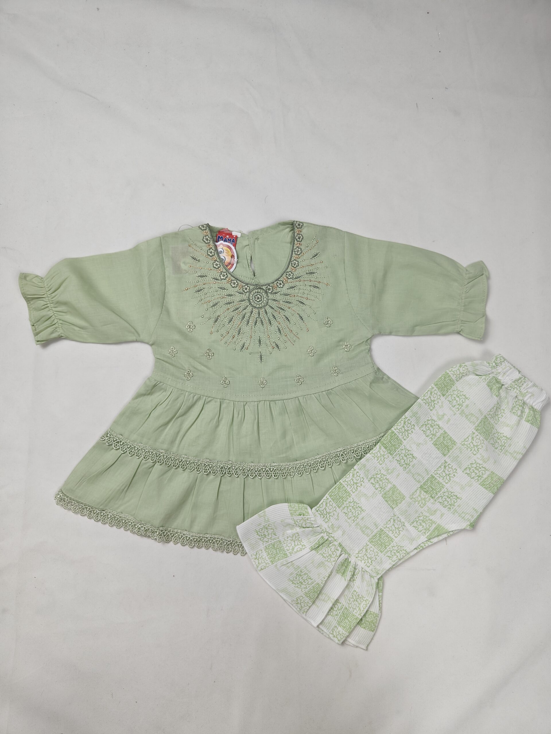 Brown Embroidered Frock and Patterned Trouser Set - Image 4