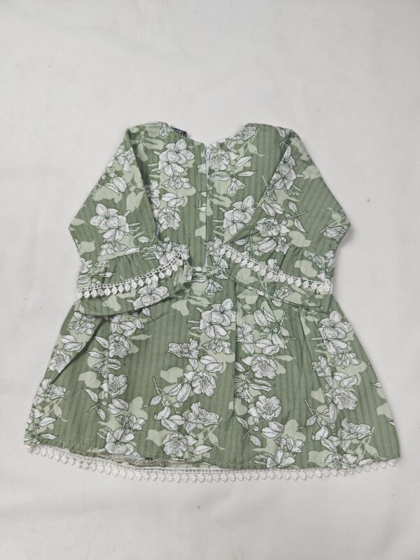 Traditional Green Floral Print Kurta with White Trousers Set - Image 2